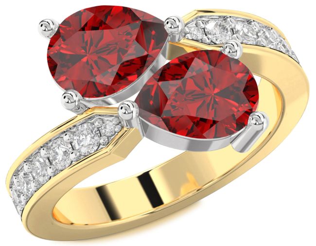 Diamond Ruby Gold Silver Pear Two Stone Birthstone Ring