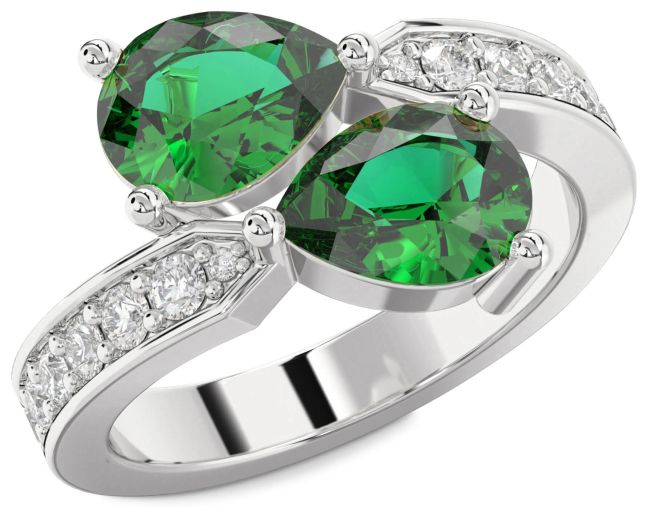 Diamond Emerald Silver Pear Two Stone Birthstone Ring