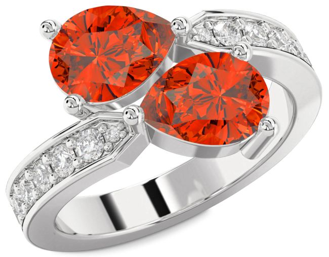 Diamond Fire Opal Platinum Pear Two Stone Ring