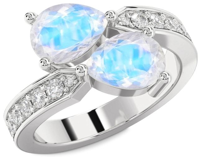 Diamond Moonstone Platinum Pear Two Stone Ring
