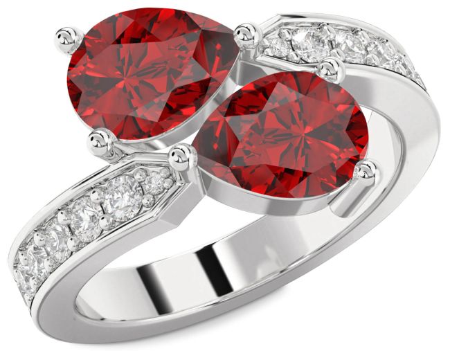 Diamond Ruby Silver Pear Two Stone Birthstone Ring