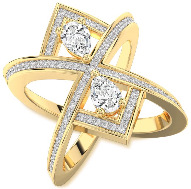 Diamond Gold Silver Pear Two Stone Pave Ring
