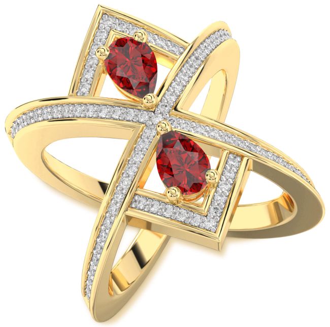 Diamond Ruby Gold Pear Two Stone Pave Birthstone Ring