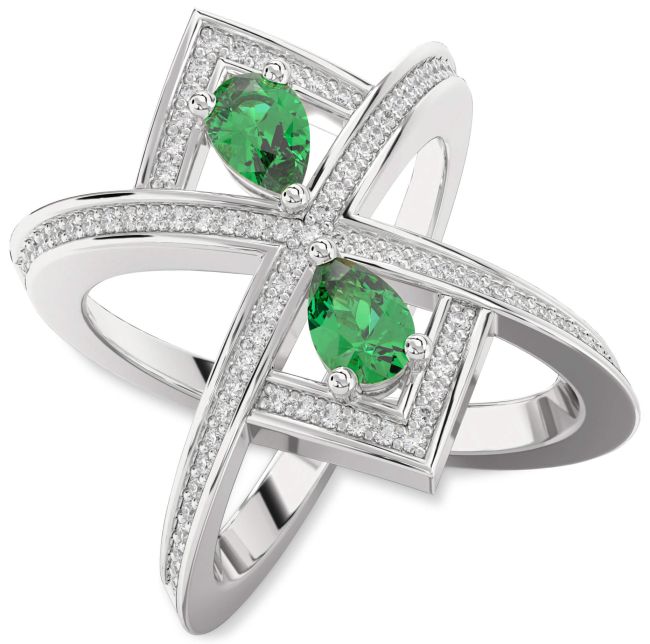 Diamond Emerald Silver Pear Two Stone Pave Birthstone Ring