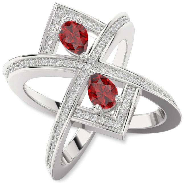 Diamond Ruby Silver Pear Two Stone Pave Birthstone Ring