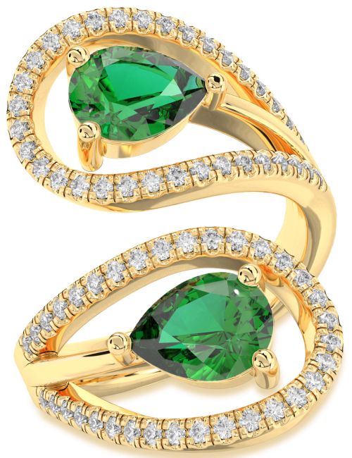Diamond Emerald Gold Pear Two Stone Birthstone Ring