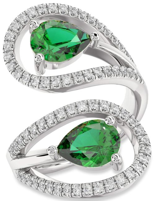 Diamond Emerald Silver Pear Two Stone Birthstone Ring