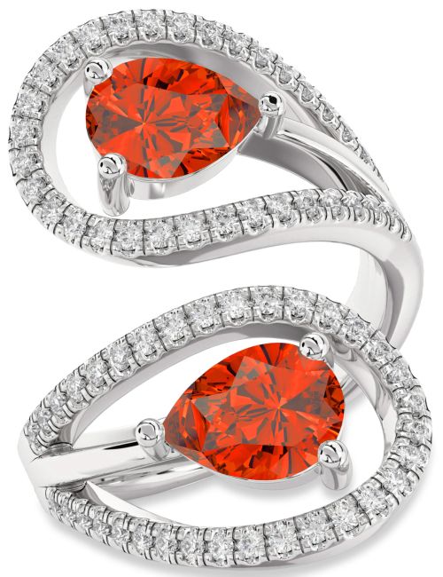 Diamond Fire Opal Platinum Pear Two Stone Ring