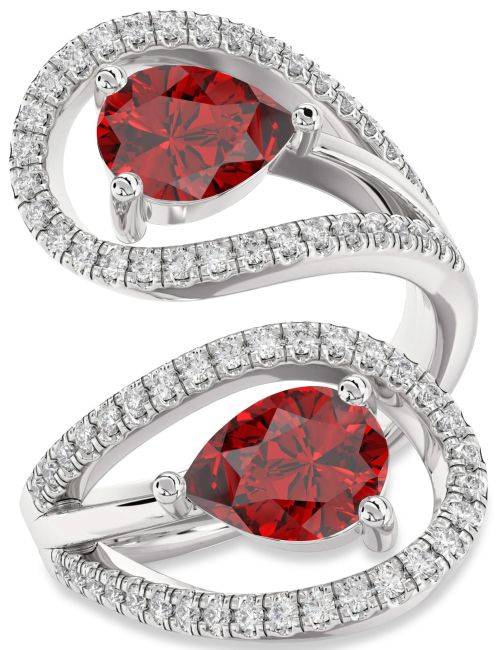 Diamond Ruby Silver Pear Two Stone Birthstone Ring