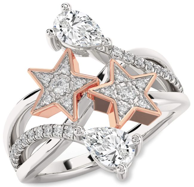 Diamond Silver & 10K Rose Gold Star Pear Two Stone Ring