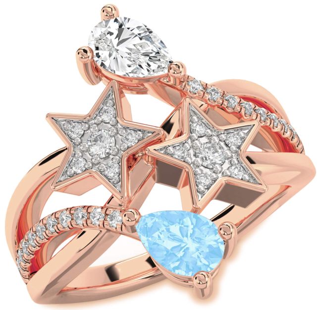 Diamond Rose Gold Silver Star Pear Two Stone Promise Ring