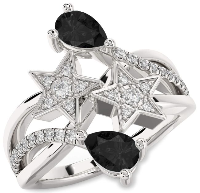Black Diamond Silver Star Pear Two Stone Ring