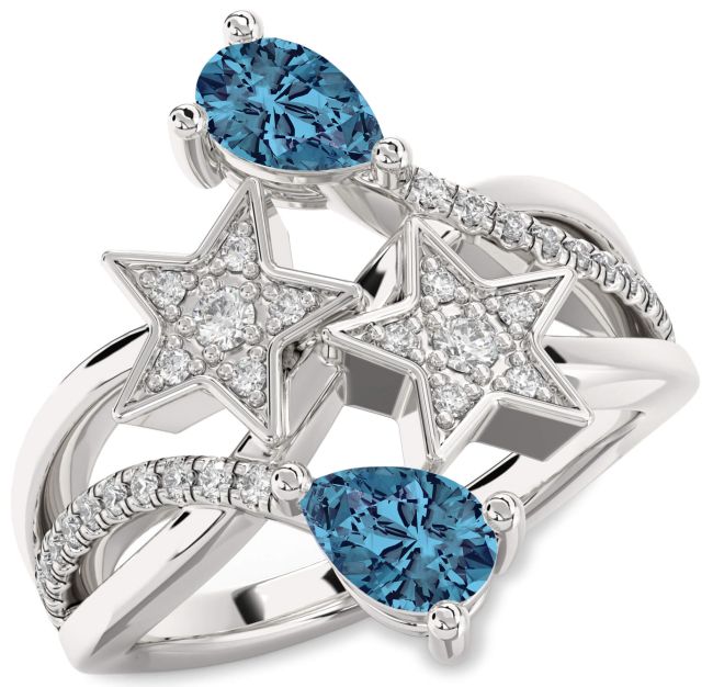 Blue Diamond Silver Star Pear Two Stone Ring