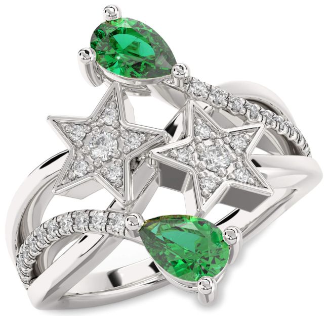 Diamond Emerald Silver Star Pear Two Stone Birthstone Ring