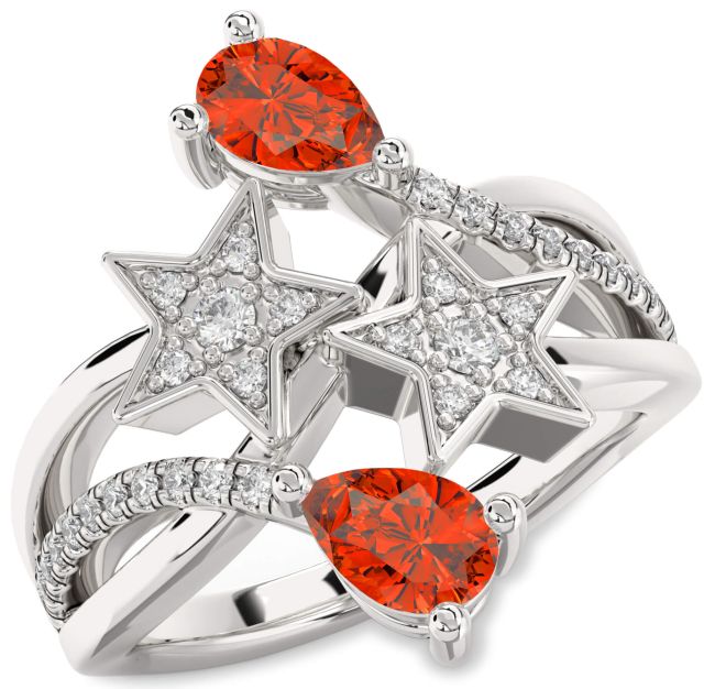 Diamond Fire Opal Silver Star Pear Two Stone Ring