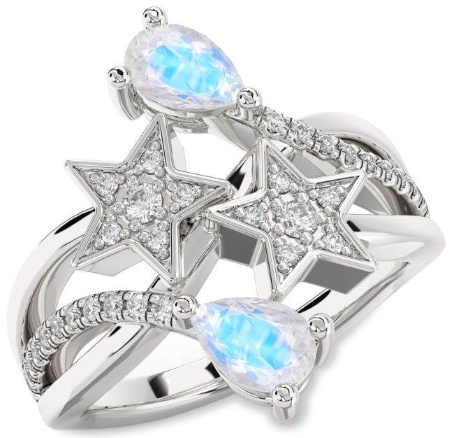 Diamond Moonstone Silver Star Pear Two Stone Ring