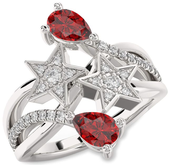 Diamond Ruby Silver Star Pear Two Stone Birthstone Ring
