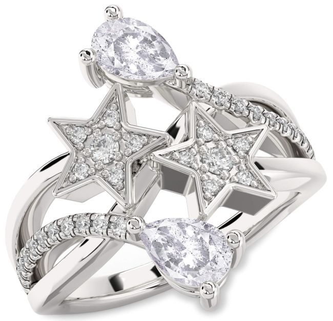 Salt & Pepper Diamond Silver Star Pear Two Stone Ring
