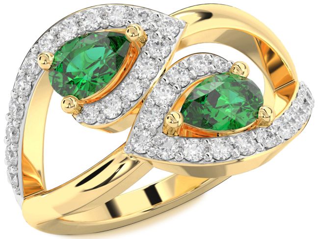 Diamond Emerald Gold Pear Two Stone Birthstone Ring