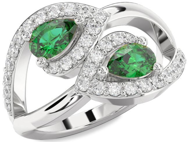 Diamond Emerald Silver Pear Two Stone Birthstone Ring