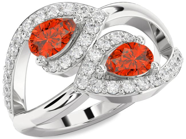 Diamond Fire Opal Platinum Pear Two Stone Ring