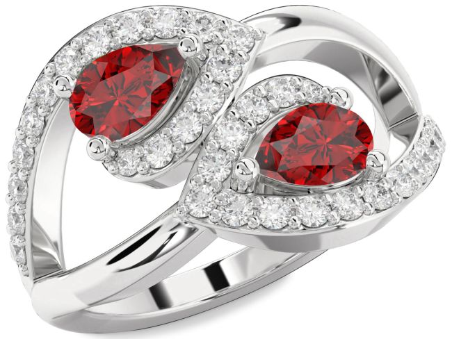 Diamond Ruby Silver Pear Two Stone Birthstone Ring
