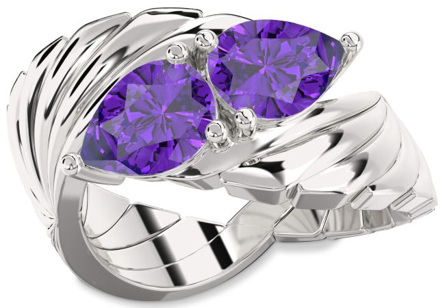 Amethyst Silver Pear Two Stone Birthstone Ring