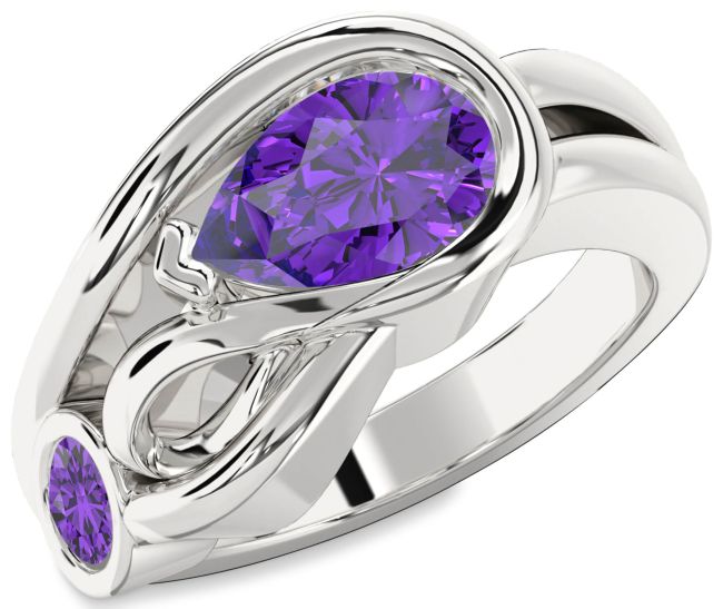 Amethyst Silver Pear Two Stone Birthstone Ring