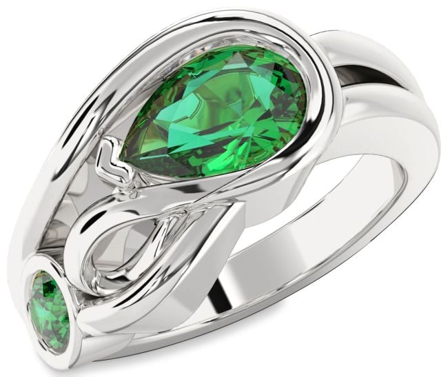 Emerald Silver Pear Two Stone Birthstone Ring