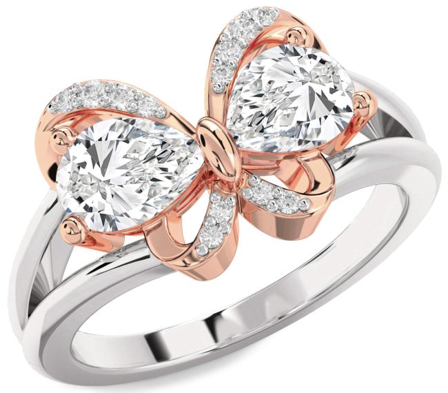 Diamond Silver & 10K Rose Gold Butterfly Pear Two Stone Ring
