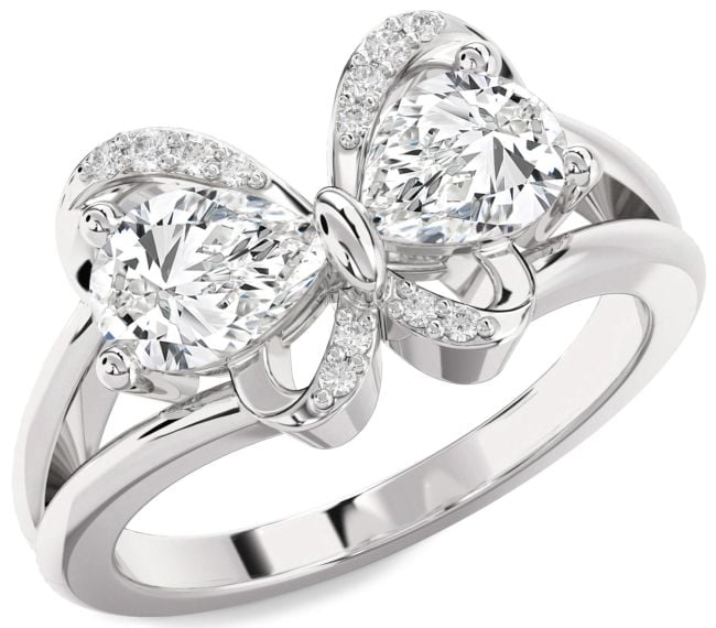 Diamond Silver Butterfly Pear Two Stone Ring