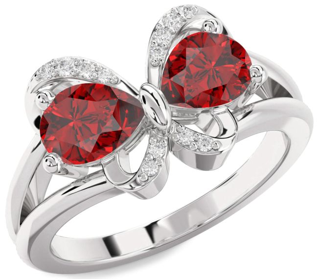 Diamond Ruby Silver Butterfly Pear Two Stone Birthstone Ring