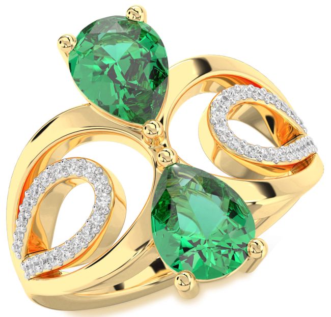 Diamond Emerald Gold Pear Two Stone Birthstone Ring