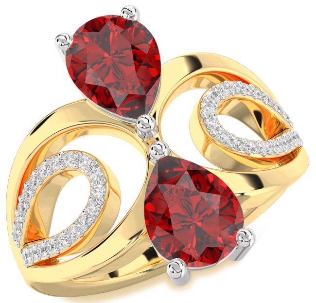 Diamond Ruby Gold Silver Pear Two Stone Birthstone Ring