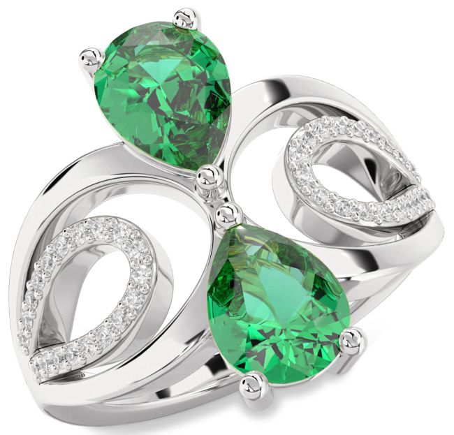Diamond Emerald Silver Pear Two Stone Birthstone Ring