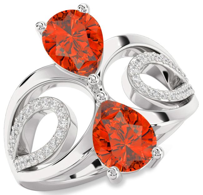 Diamond Fire Opal Platinum Pear Two Stone Ring