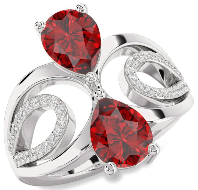 Diamond Ruby Silver Pear Two Stone Birthstone Ring