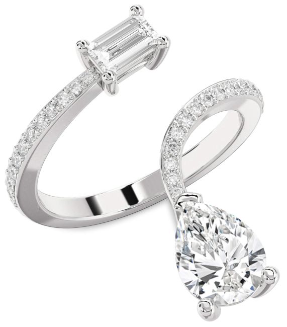 Diamond Silver Pear Two Stone Pave Ring