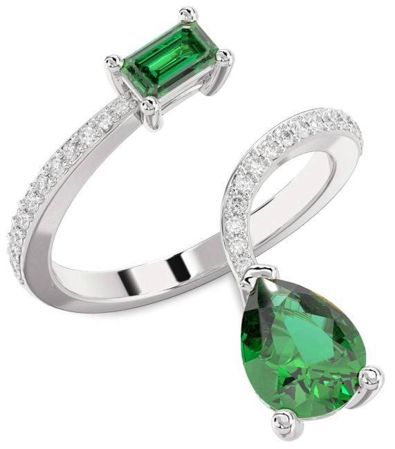 Diamond Emerald Silver Pear Two Stone Pave Birthstone Ring