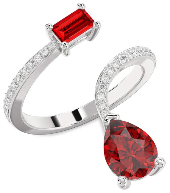 Diamond Ruby Silver Pear Two Stone Pave Birthstone Ring