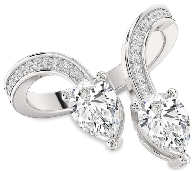 Diamond Silver Pear Two Stone Pave Ring