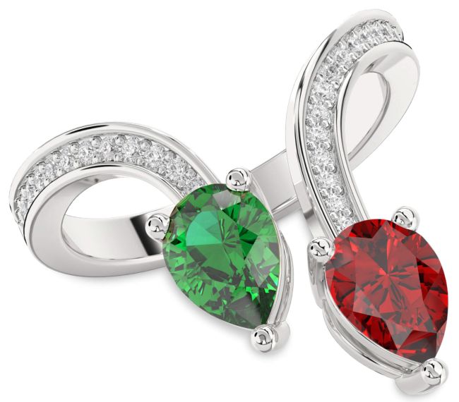 Diamond Silver Pear Two Stone Pave Promise Ring