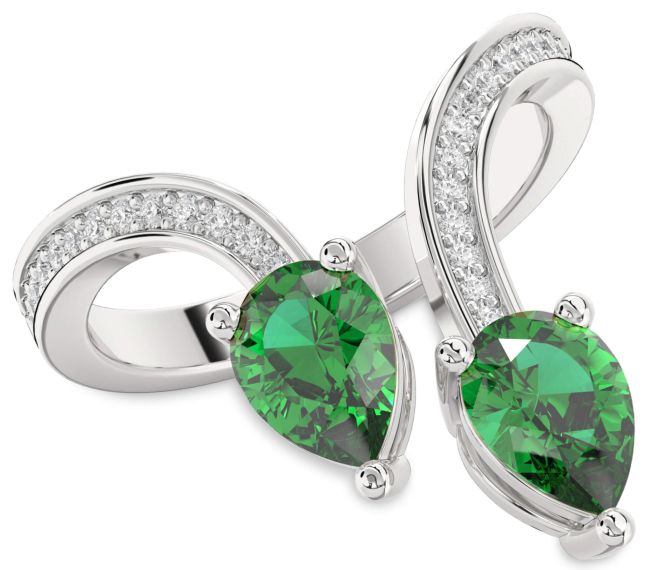 Diamond Emerald Silver Pear Two Stone Pave Birthstone Ring