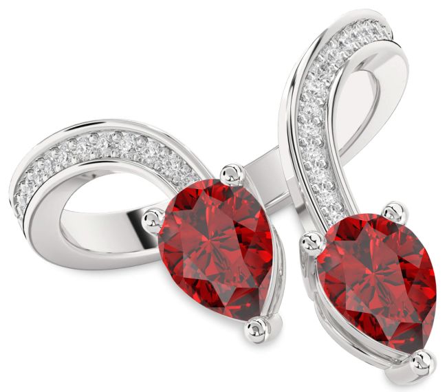 Diamond Ruby Silver Pear Two Stone Pave Birthstone Ring