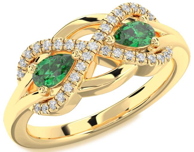 Diamond Emerald Gold Infinity Pear Two Stone Birthstone Ring
