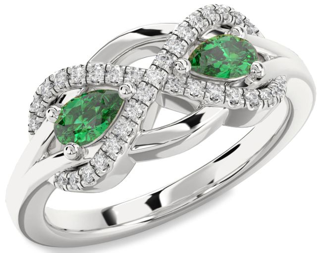 Diamond Emerald Silver Infinity Pear Two Stone Birthstone Ring