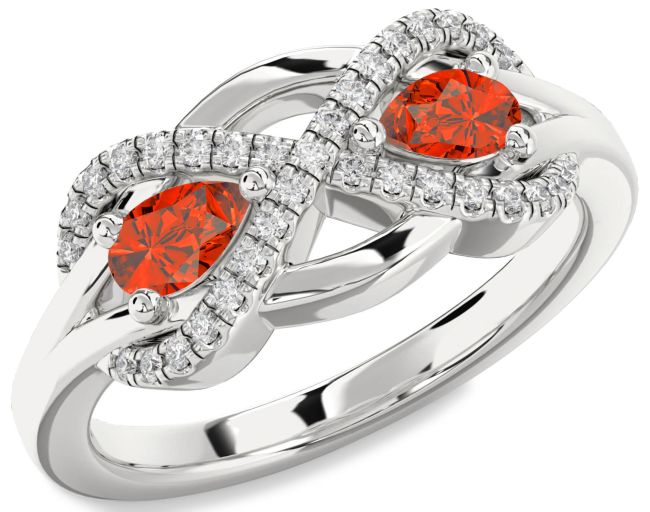 Diamond Fire Opal Silver Infinity Pear Two Stone Ring