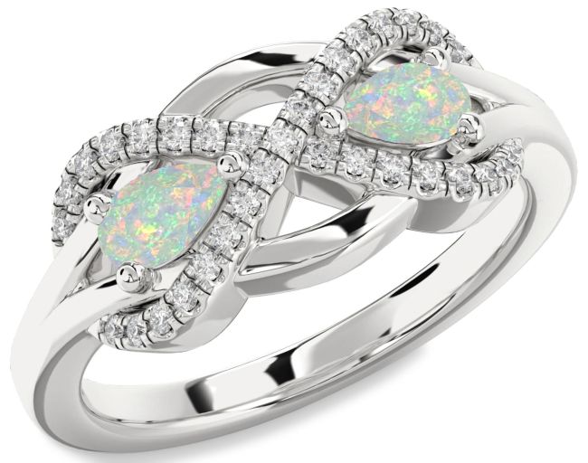 Diamond Opal Silver Infinity Pear Two Stone Birthstone Ring