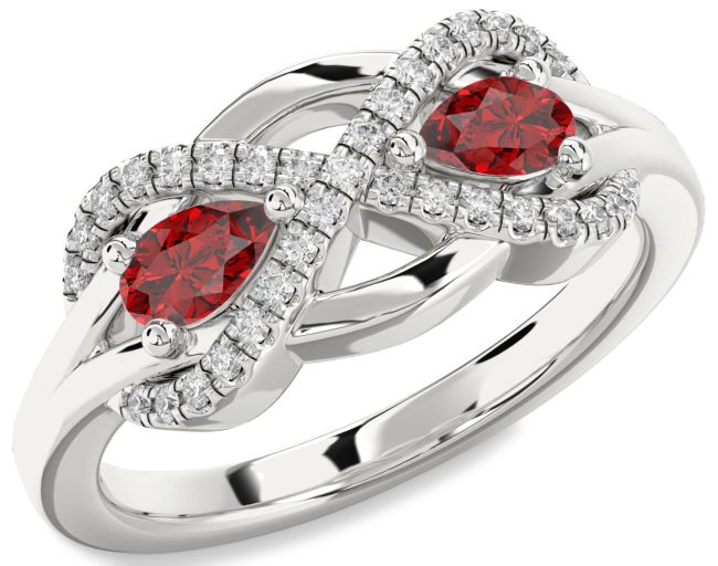 Diamond Ruby Silver Infinity Pear Two Stone Birthstone Ring