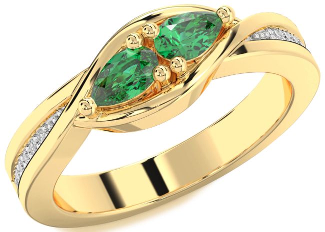 Diamond Emerald Gold Pear Two Stone Birthstone Ring